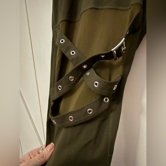Olive Green Women's Leggings with Mesh & Belt Detail - Picture 3 of 4